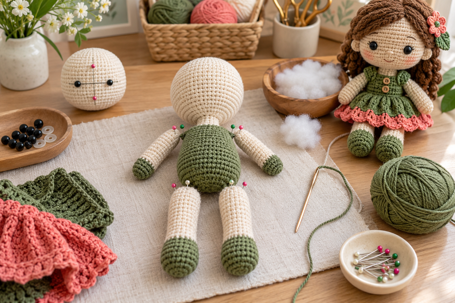 Partes de uma boneca em amigurumi organizadas para montagem e acabamento