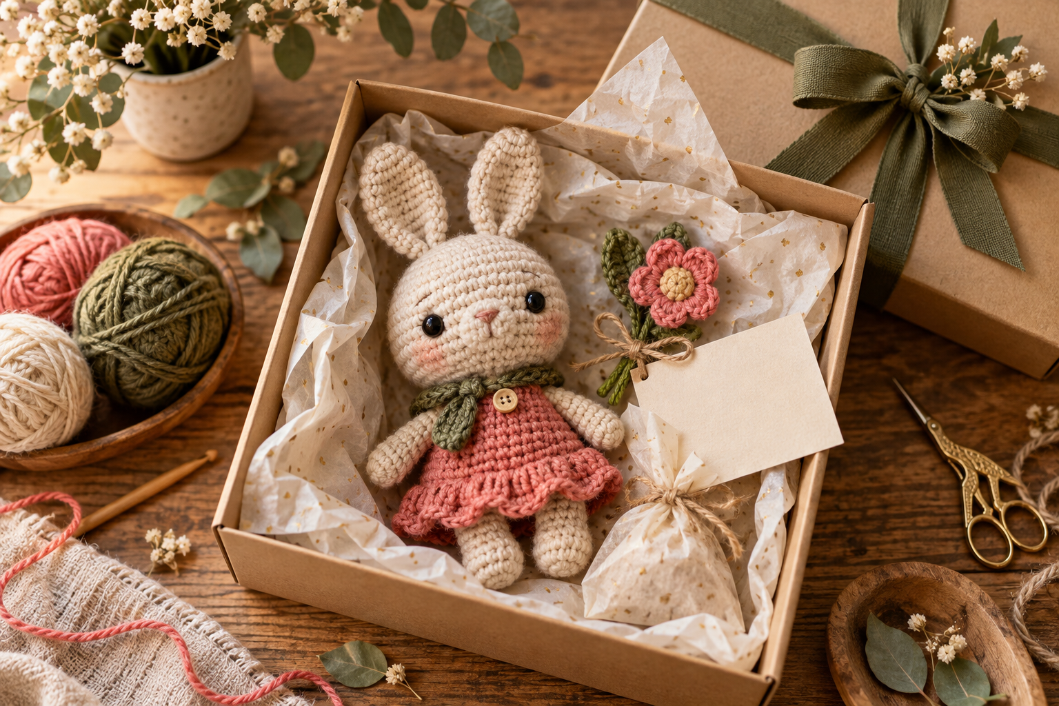 Amigurumi cuidadosamente embalado em uma caixa para presente