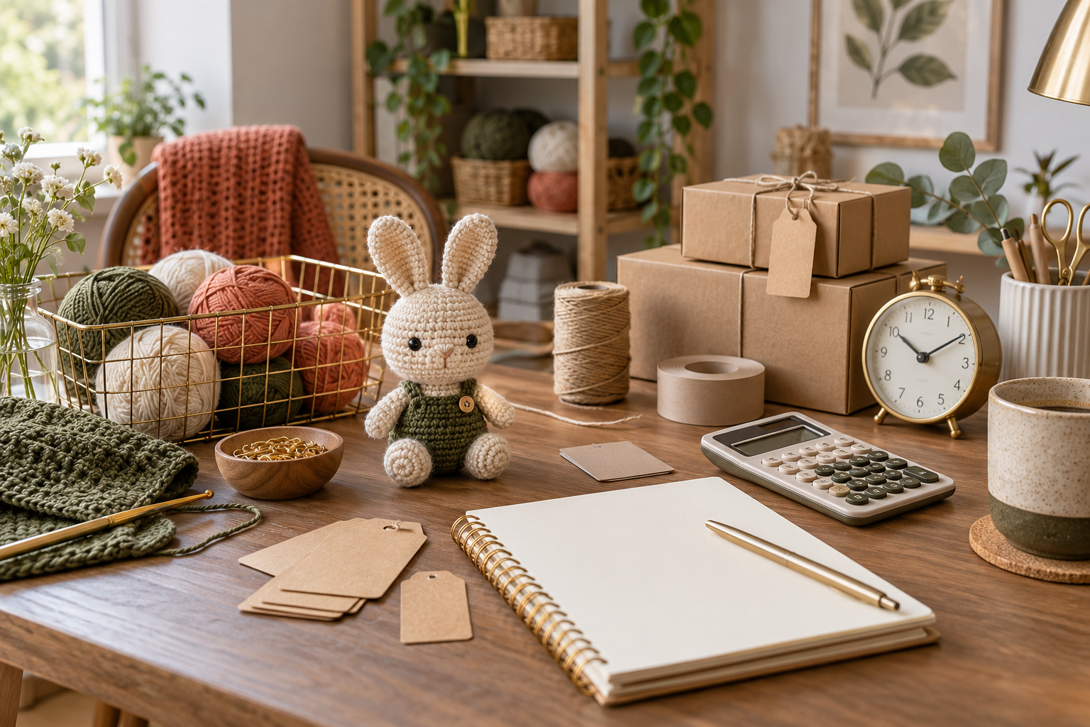 Mesa de trabalho artesanal com amigurumi, calculadora, agenda e embalagens