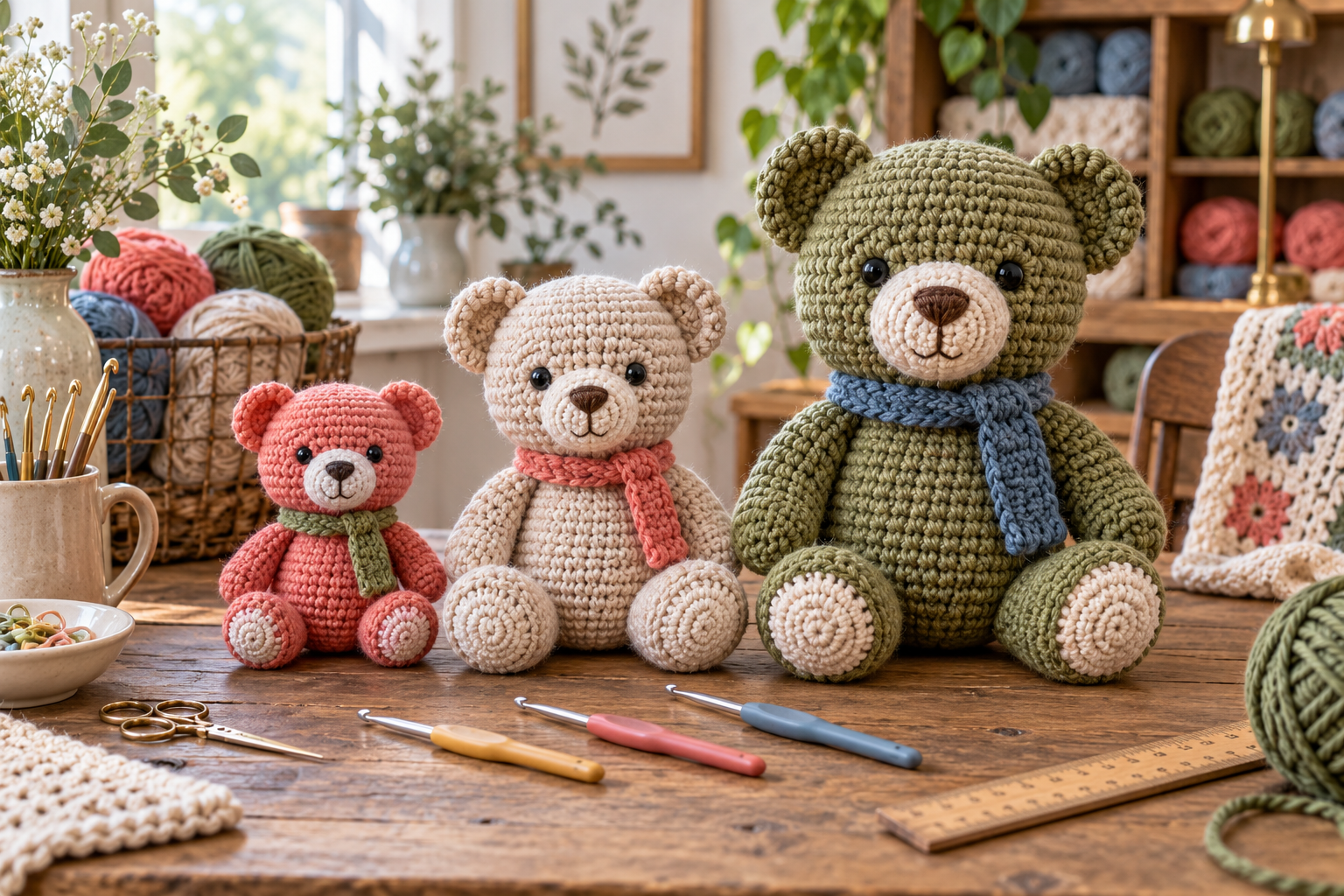 Três ursinhos em amigurumi confeccionados em tamanhos diferentes