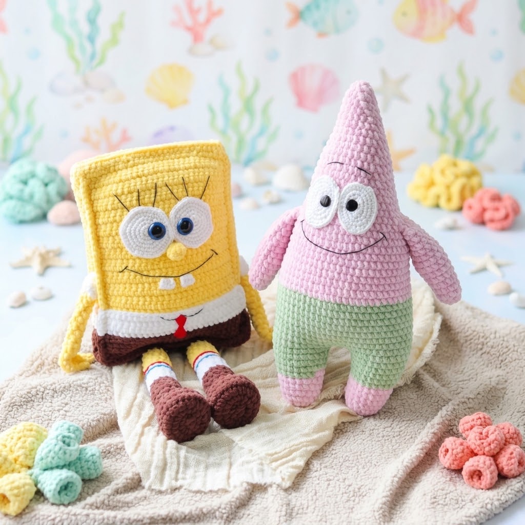 Dupla de personagens do fundo do mar em amigurumi