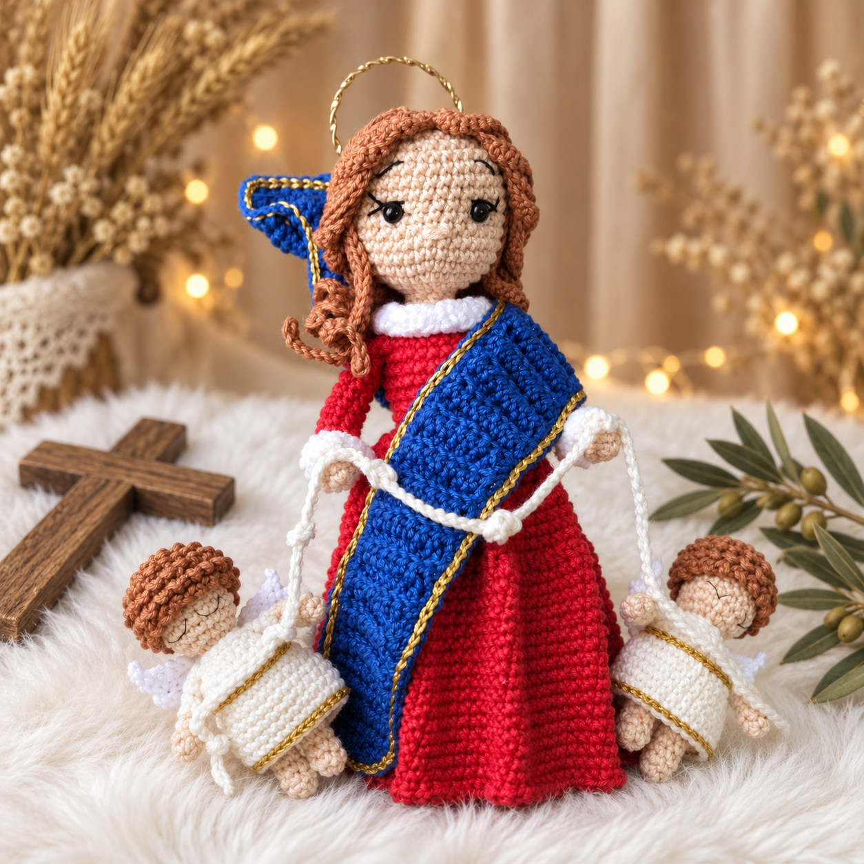 Nossa Senhora Desatadora de Nós e dois anjos em amigurumi