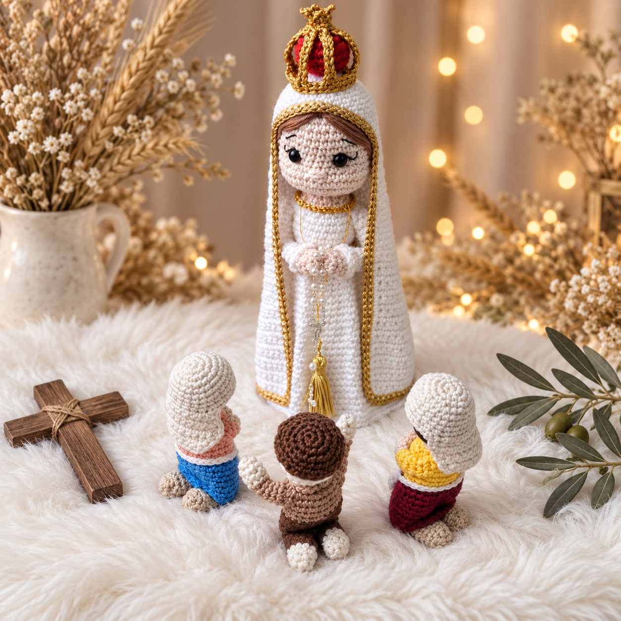 Nossa Senhora de Fátima e os Pastorinhos em amigurumi