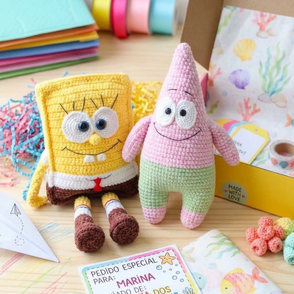 Bob e Patrick em amigurumi, peça pronta