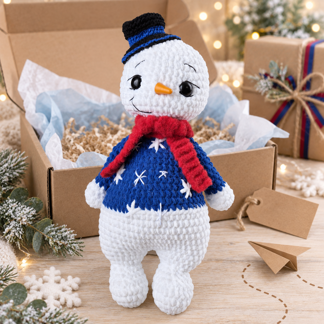 Boneco de Neve Grande em amigurumi com acabamento de pelúcia