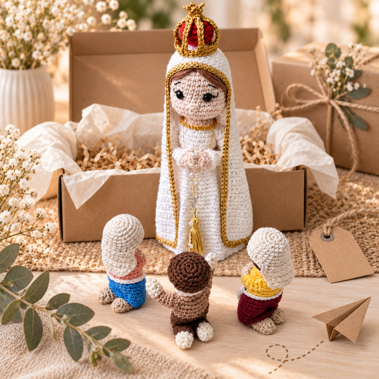 Nossa Senhora de Fátima com os Pastorinhos em amigurumi, peça pronta
