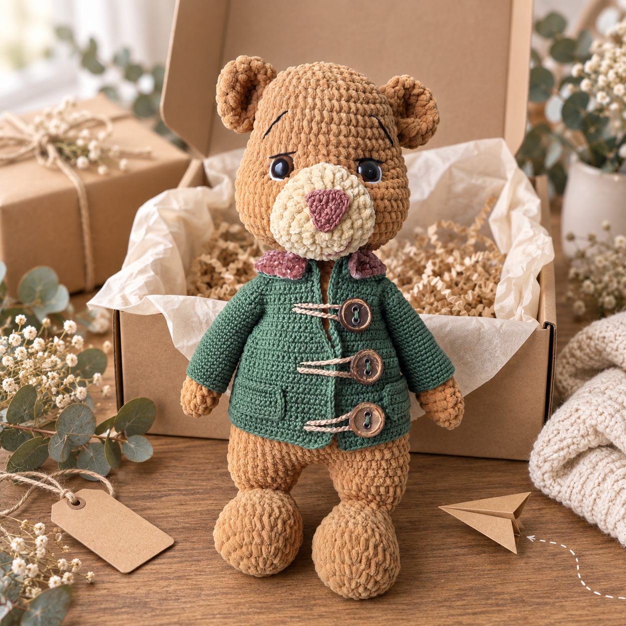 Urso Viajante Grande em amigurumi com acabamento de pelúcia