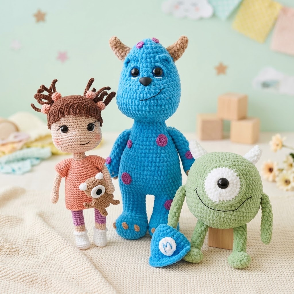 Trio de monstrinhos em amigurumi