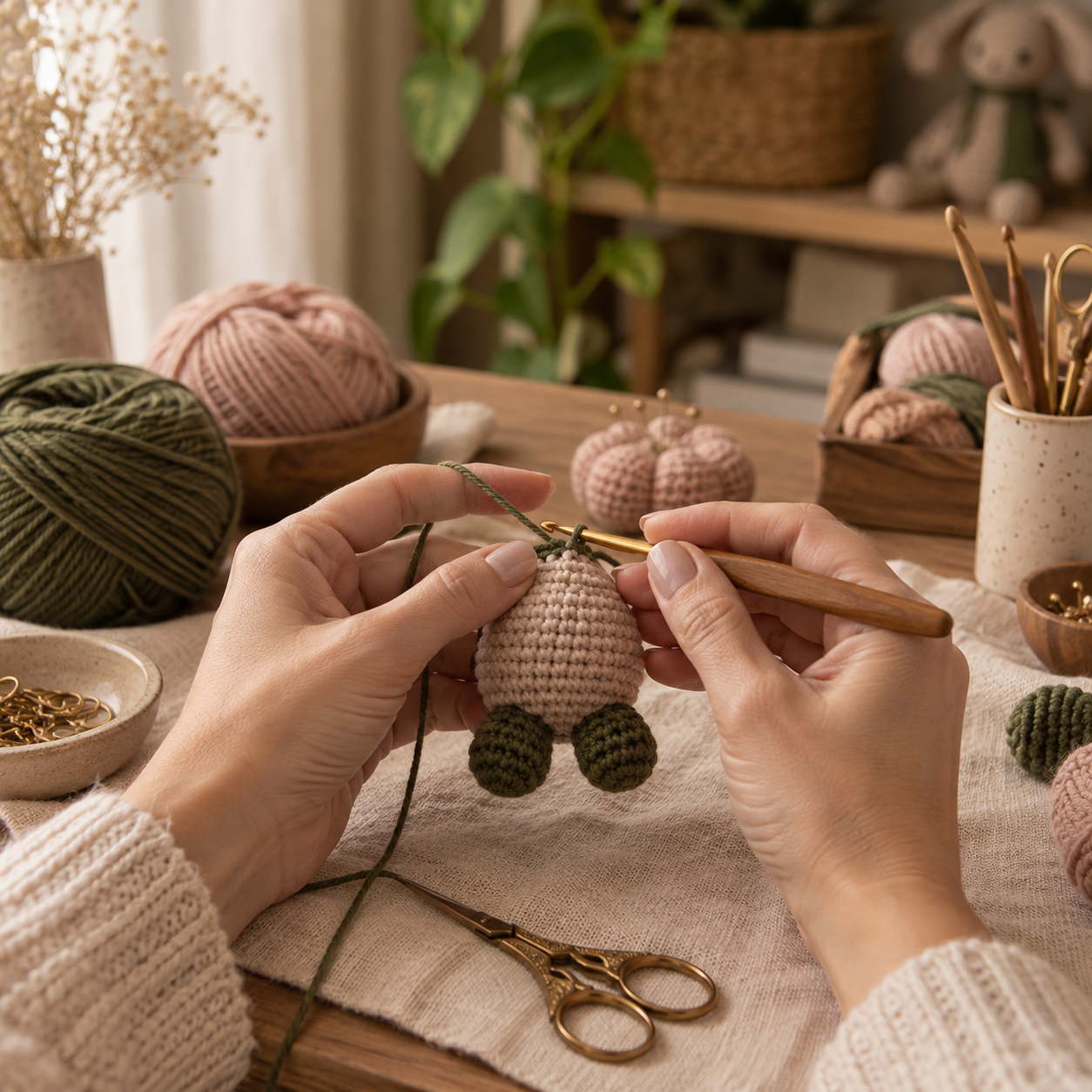 Mãos criando um amigurumi em um ateliê artesanal